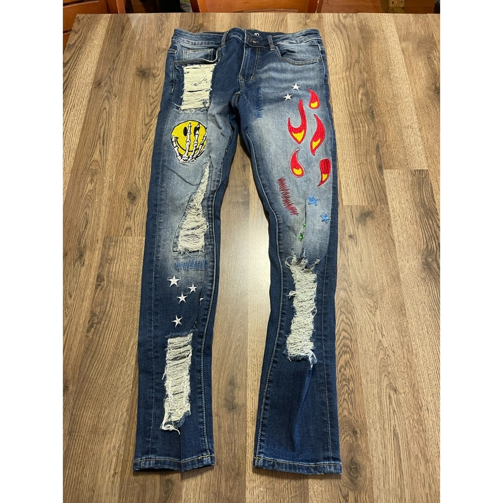 Crysp Denim Jeans,  Men's Size 32, Denim, Skinny, Ripped, Stars Emoji Embroider